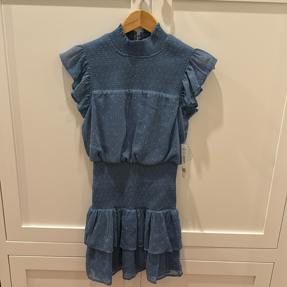Aqua Ruffle Short Sleeve Smocked Mini Dress Denim Blue XS New with tags